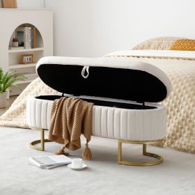 50" Modern Velvet Oval Upholstered Storage Bench with Golden Metal Legs (Main Material: Fabric, Main Color: Beige)