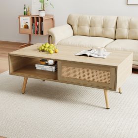 41.34 Rattan Coffee Table, Sliding Door For Storage, Solid Wood Legs, Modern Table  For Living Room , Natural (Option: Natural)