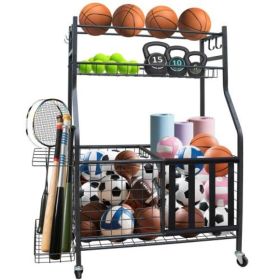 Garage Sports Equipment Storage Rack With Large Capacity, Wheeled, Rolling, Indoor And Outdoor Universal Ball Storage Rack (Option: Black)