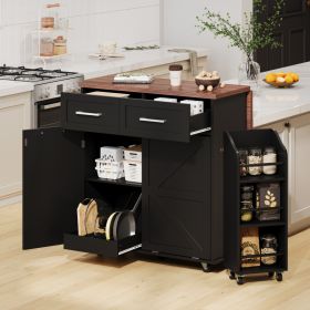 K&K 47.2  Farmhouse Kitchen Island With Drop Leaf, Kitchen Storage Island With Removable Side Racks, Two Drawers, Rolling Kitchen Cart On Wheels (Option: Black)