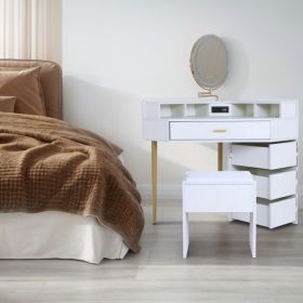 White Vanity Stool Set, Tri Color Illuminated Mirror, Four Drawers, With Socket (Color: White)