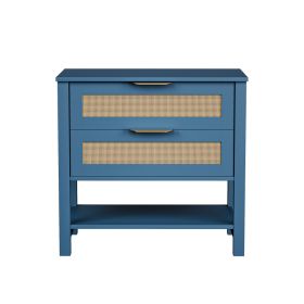 Rattan Nightstand With 2 Drawers And Storage Shelf Boho Bedside Narrow Side Table For Bedroom (Option: Turquoise)