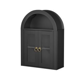 Wall Mounted Arched Cabinet With Glass Doors, Light And Adjustable Shelves For Laundry Room, Bathroom, Kitchen (Option: Black)