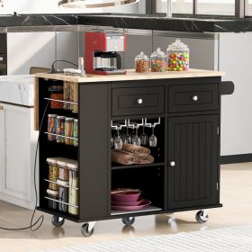 Kitchen Island With Power Outlet,Kitchen Storage Island With Drop Leaf And Rubber Wood,Open Storage And Wine Rack,5 Wheels,with Adjustable Storag (Option: Black)