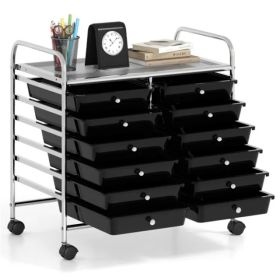 12-Drawer Rolling Storage Cart - 2-Row 10-Storey, Multicolor Drawers, 4 Wheels (2 Brake), -Black (Option: defaulttitle)