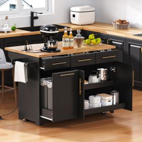 K&K 59.3  Kitchen Island With Storage 2 Pull Out Cabinet Organizers & Rubber Wood Drop Leaf, Rolling Kitchen Island With Trash Can Storage, Power (Option: Black)