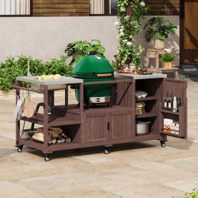 K&K 75.4  Outdoor Kitchen Island With Sink, Solid Wood Outdoor Grill Cart For XL Green Egg Grills, Rolling Outdoor Bar Cart With Stainless Steel (Option: Brown)