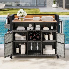 K&K 52.8 W Wicker Outdoor Grill Cart With Extended Plastic Wood Table Top, Rolling Kitchen Island On Wheels With Storage Cabinet, For Patio Backy (Option: Grey)