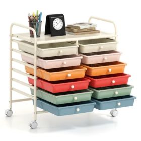12-Drawer Rolling Storage Cart - 2-Row 10-Storey, Multicolor Drawers, 4 Wheels (2 Brake), White Frame-Macaron (Option: defaulttitle)