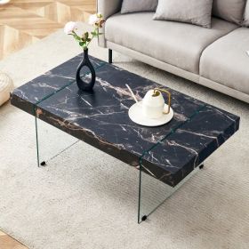 Black 43.3"x23.6" Marble-Patterned Coffee Table With Tempered Glass Legs (Option: BlackTransparent)