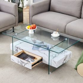 43.3 Inch Modern Two-Tier Coffee Table - Clear Tempered Glass And White Marble Texture (Option: TransparentWhite)