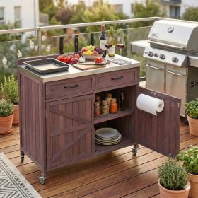 K&K 39.4  Outdoor Kitchen Island With Stainless Table Top, Outdoor Storage Kitchen Cabinet With One Large Drawer, Adjustable Shelves, Internal St (Option: Dark Brown)