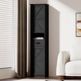 Black 69" Storage Cabinet With 2 Barn Doors And 1 Drawer, Slim Storage Unit with Adjustable Shelves (Color: Black)