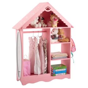Pink And White Star-printed MDF, Spray-painted, 1 Mirror, 3-tier Shelf, 1 Clothes Rod, Children's Wardrobe (Option: defaulttitle)
