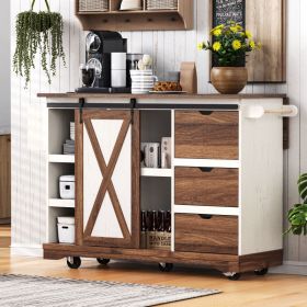 K&K 55.5  Farmhouse Kitchen Island With Drop Leaf, Kitchen Storage Island With Barn Door, Power Outlet, Rolling Kitchen Cart On Wheels With Spice (Option: White)