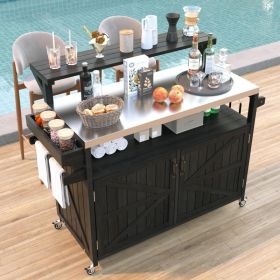 K&K 53.3  Outdoor Kitchen Island With Raised Shelf, Solid Wood Storage Cabinet With Stainless Steel Top, Outdoor Rolling Grill Cart With Internal (Option: Black)