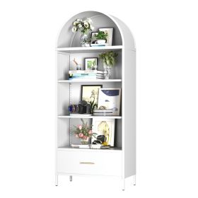 72.83inch White Metal Arched Bookshelf With Cabinet Drawer, Assembly Required (Color: White)