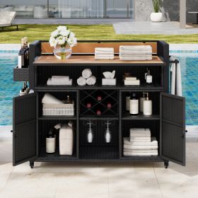 K&K 52.8 W Wicker Outdoor Grill Cart With Extended Plastic Wood Table Top, Rolling Kitchen Island On Wheels With Storage Cabinet, For Patio Backy (Option: Black Brown)