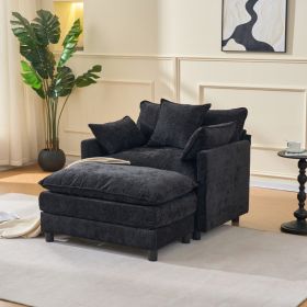 39.4  Modern Accent Chair With Ottoman, Living Room Club Chair Chenille Upholstered Armchair , Reading Chair For Bedroom, Black Chenille (Option: Black)