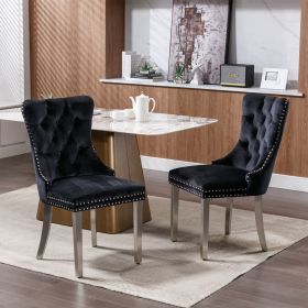 Black Velvet-Tufted Upholstered Dining Chair and Nailhead Trim with Chrome Metal Legs (Color: Black)
