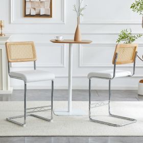 Natural Rattan Bar Stool 2-piece Set With Solid Wood Backrest 25 Inches Medieval Modern Style Counter Stool White PU Leather Kitchen Stool Chrome (Option: White)