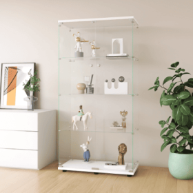 Glass Display Cabinet 4 Shelves With Door, Floor Standing shelf 64.7x31.7x14.3, White (Color: White)