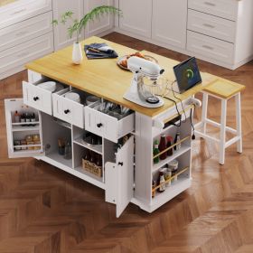 K&K 53inch Large Kitchen Island With Drop Leaf,Power Outlet,Door Internal Storage Rack,Rolling Kitchen Cart On 5 Wheels With 5 Open Side Racks Fo (Option: White)